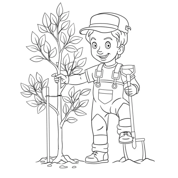 Färg sida med bonde pojke plantera ett träd — Stock vektor