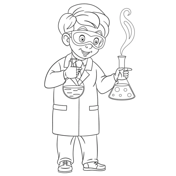 Coloring page with chemist making chemical experiment — Stock Vector