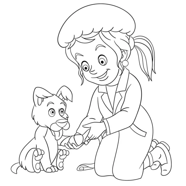Pagina de colorat cu veterinar veterinar fată și câine — Vector de stoc
