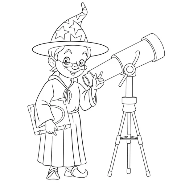 Página para colorir com assistente ou astrônomo com telescópio —  Vetores de Stock