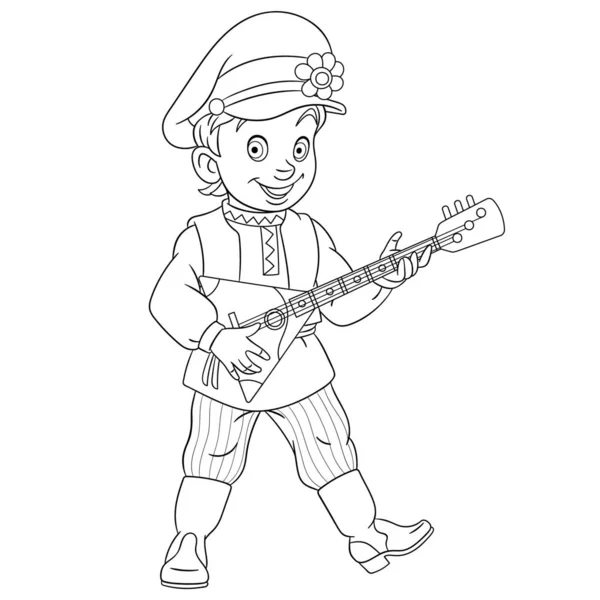 Coloring page with boy playing balalaika music — Stock Vector