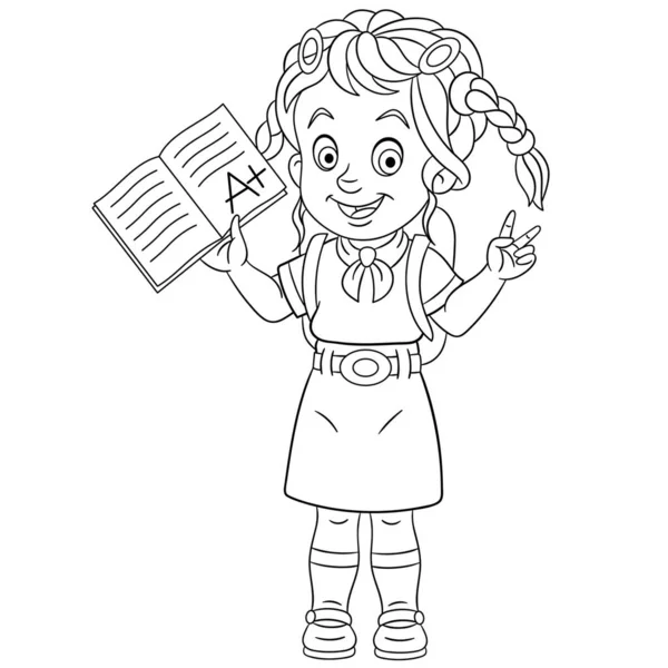 Coloring page with schoolgirl with best exam result — 스톡 벡터