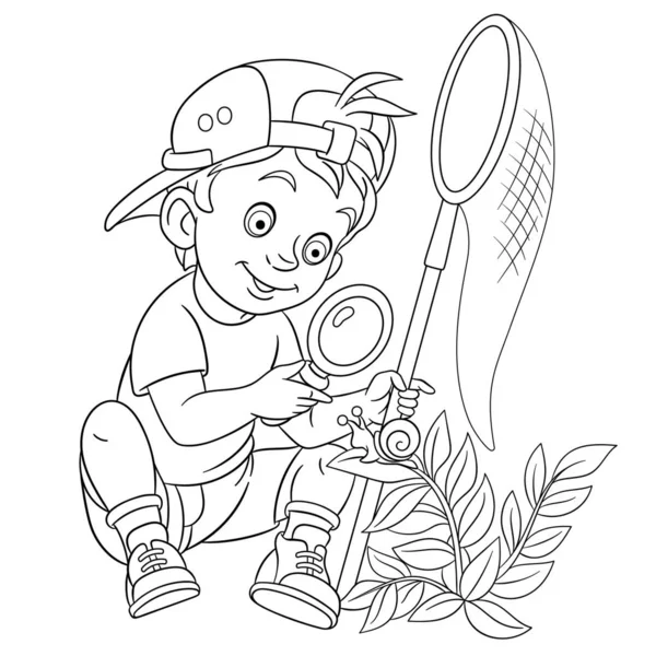 Coloring page with boy discovering nature — 스톡 벡터
