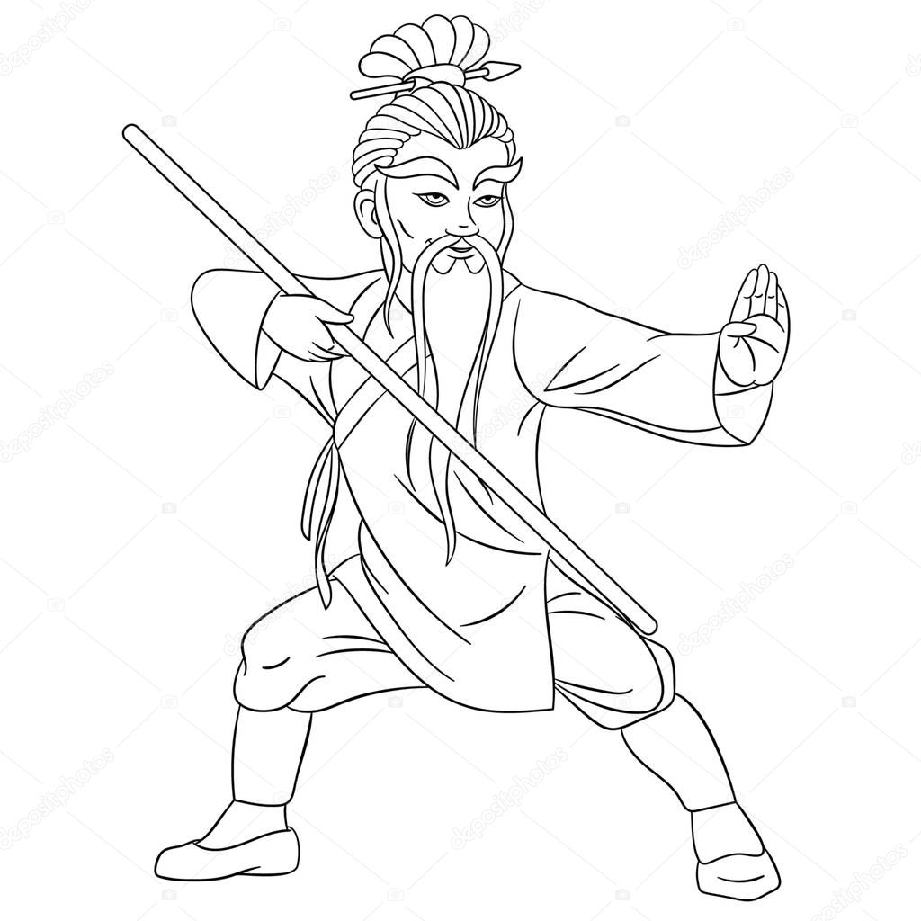 coloring page with shaolin monk fighting