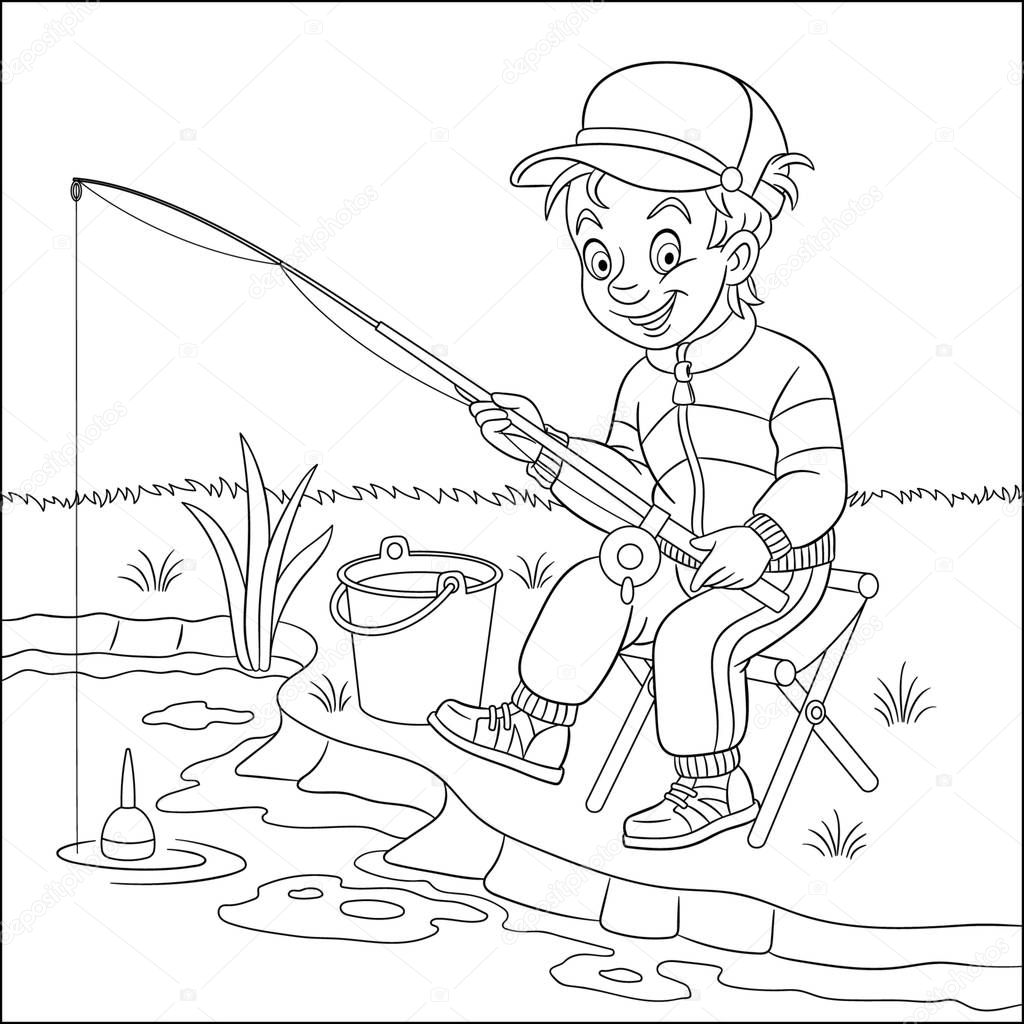 coloring page with boy fishing