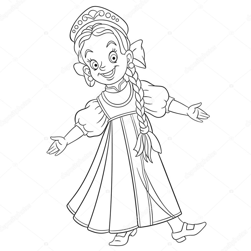 coloring page with girl dancing russian folk dance