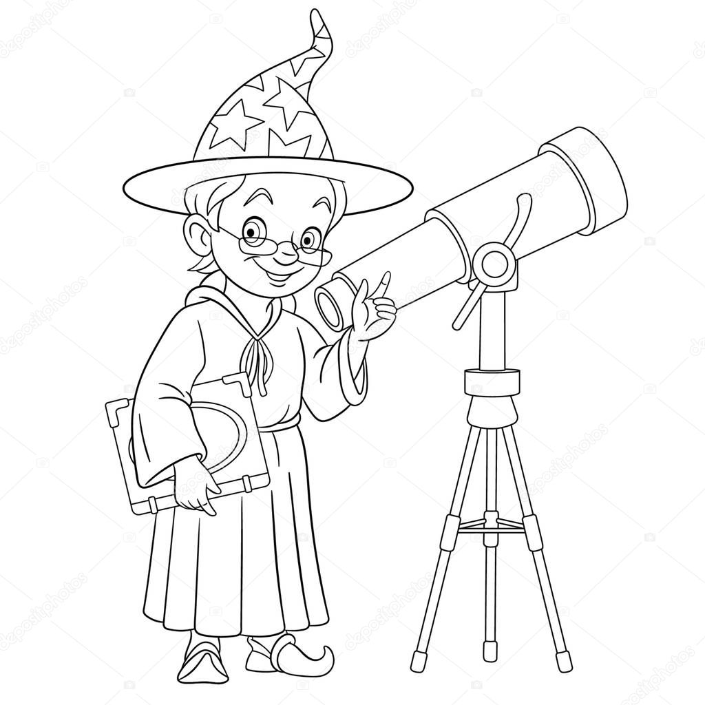 coloring page with wizard or astronomer with telescope