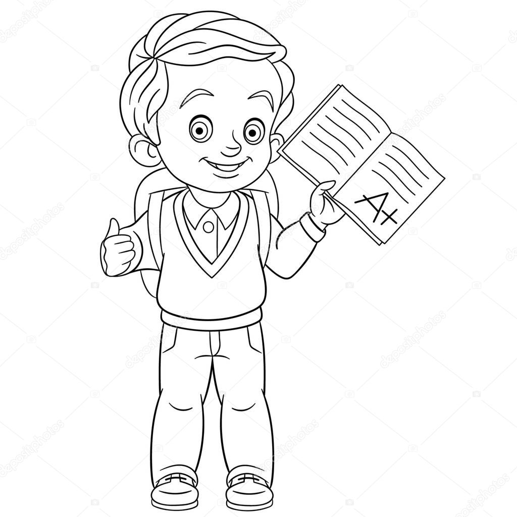 coloring page with schoolboy with best exam result