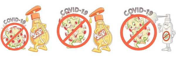 Covid 19赤警告標識感染細胞 コロナウイルス拡散の概念を停止します 2019 Ncov小説ウイルスのかわいい漫画のキャラクター武漢 中国から コロナウイルスは標識を禁止した ベクターイラスト — ストックベクタ