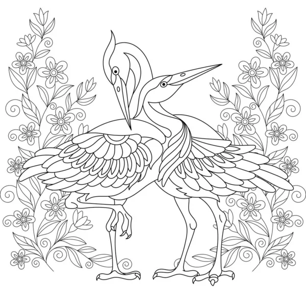 Coloriage Beaux Oiseaux Grue Parmi Les Fleurs Conception Art Linéaire — Image vectorielle