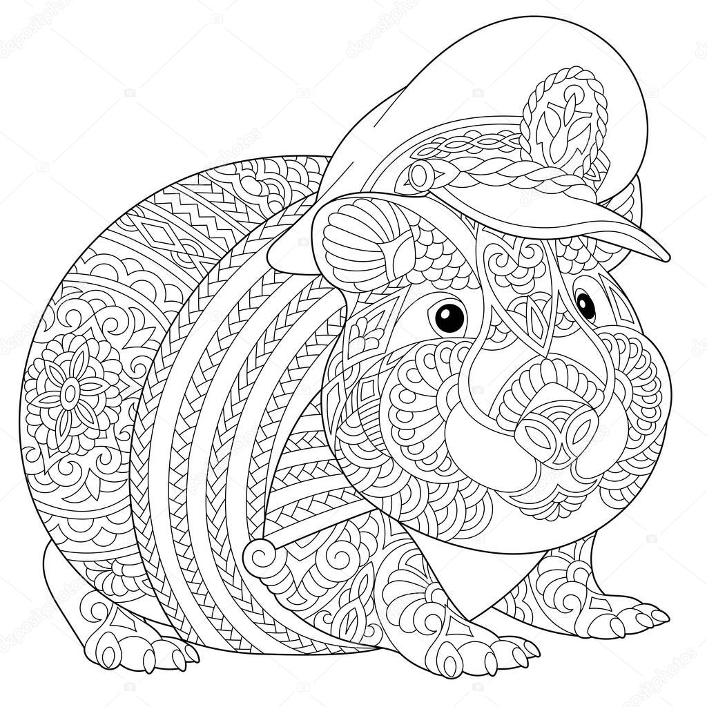 Coloring page. Coloring picture of cute hamster or guinea pig. Line art design for adult colouring book with doodle and zentangle elements.