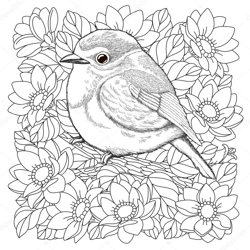 ✓ Coloring page. Coloring picture of beautiful bird in the flower ...
