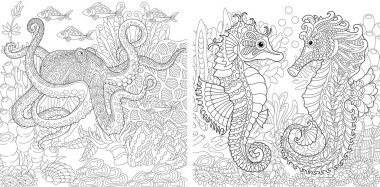 Boyama kitabı. Ahtapot ve deniz atlarıyla dolu sualtı manzaraları. Yetişkinler ya da çocuklar için çizgi çizimi. Zentangle tarzında boyama sayfası. Vektör illüstrasyonu. 