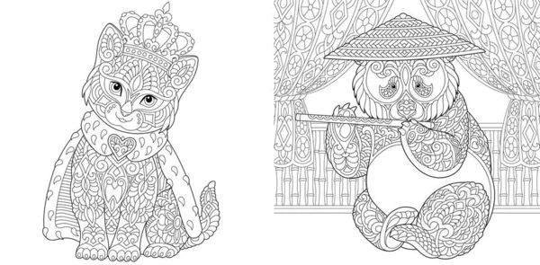 Malvorlagen Für Erwachsene Katze Krone Und Pandabär Line Art Design — Stockvektor