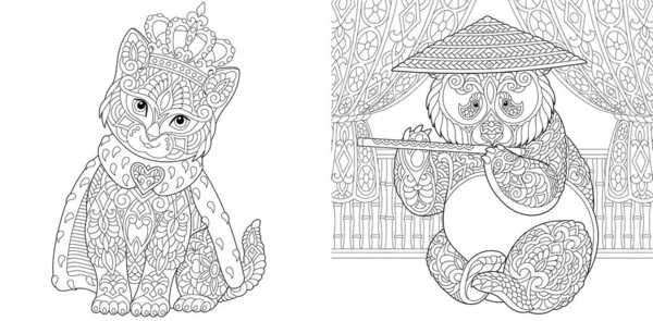 Omalovánky Pro Dospělé Kočka Koruně Panda Medvědovi Line Art Design — Stockový vektor