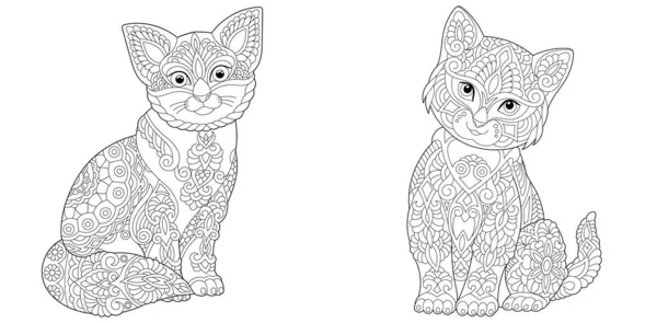 Раскраска Взрослых Две Милые Кошки Линейный Арт Дизайн Антистрессовых Страниц — стоковый вектор