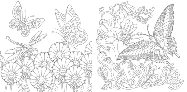 Libro Para Colorear Mariposas Vintage Entre Flores Diseño Arte Línea — Vector de stock