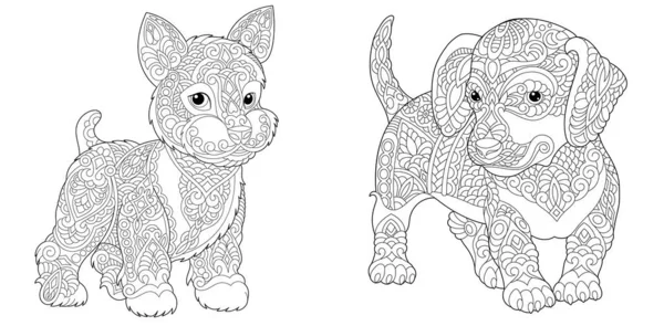 Animal Coloring Pages Cute Yorkshire Terrier Dachshund Line Art Design — Stock Vector