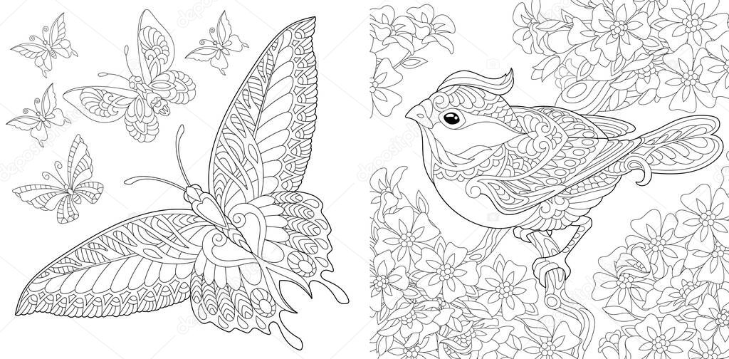 Adult coloring book. Vintage butterfly collection. Bird in flourish garden. Line art design for antistress colouring pages in zentangle style. Vector illustration. 