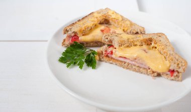 Peynir, domates, taze otlar ve vecinos beyaz bir tabak üzerinde iki sıcak sandviç