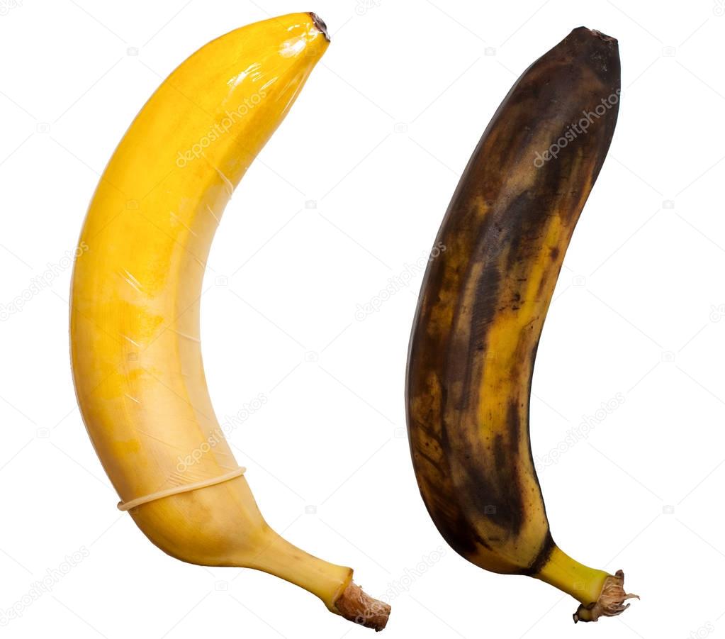 Safe sex with condom and unprotected sex leading to disease. Concept. Healthy banana in a condom and a rotten banana without a condom