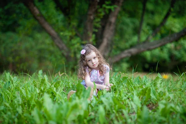 Tre-åriga curly flicka sitter på grönt gräs i sommaren park — Stockfoto