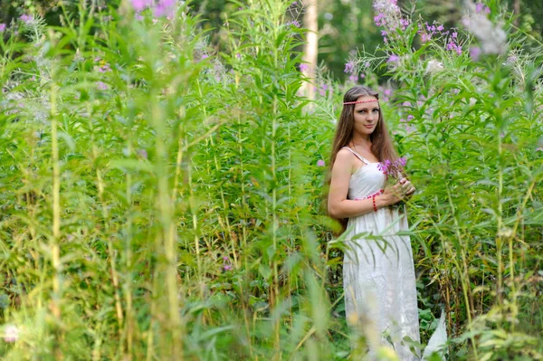 Uzun saçlı ve Slav etnik elbise genç güzel bir Slav kız yaz ormanda uzun boylu çalılar arasında duruyor ve onun elinde bir çiçek tutan