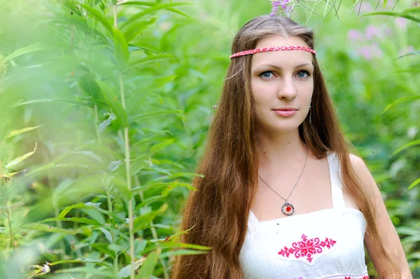 Retrato de uma jovem linda menina eslava com cabelos longos e vestido étnico eslavo em moitas de grama alta — Fotografia de Stock