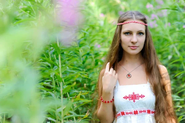 Retrato de uma jovem linda menina eslava com cabelos longos e vestido étnico eslavo em moitas de grama alta — Fotografia de Stock