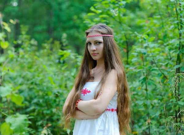 Uzun saçlı ve yeşil çim bir arka plan üzerinde bir Slav etnik elbise genç güzel bir Slav kız portresi