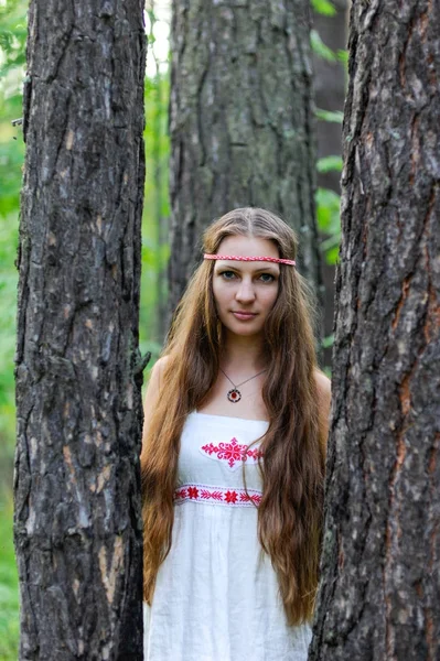 Uzun saçlı ve bir yaz ormandaki Slav etnik elbise genç güzel bir Slav kız portresi