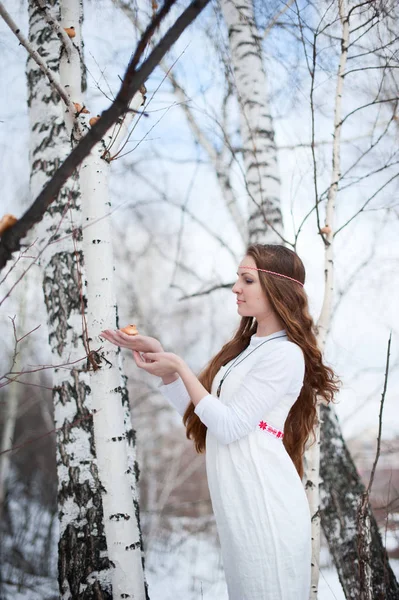 Joven chica eslava hermosa con el pelo largo y traje étnico eslavo posando en un bosque de primavera cerca de un abedul con pan ritual en las manos — Foto de Stock