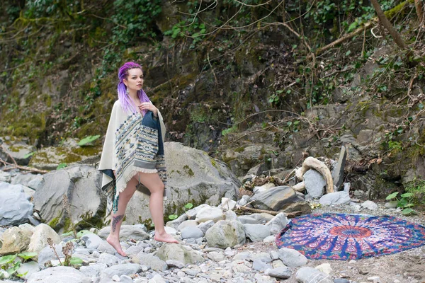 Sexy Hippie Boho Girl Tattoos Dreadlocks Posing Background Wildlife Stock Image