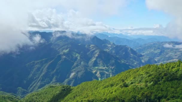 雲の海と青い空 空中ビューを流れると 台湾中央山脈の美しい山Hehuan Hehuanshanを飛んでドローン — ストック動画