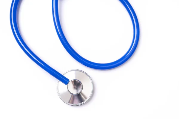 Blue stethoscope,object of doctor equipment,isolated on white background. Medical design concept,cut out,clipping path,top view,studio shot. — ストック写真