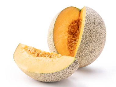 Güzel lezzetli dilimlenmiş sulu kavun, miskmelon, beyaz arka plan izole kaya kavun, yakın, kırpma yolu, kesip.