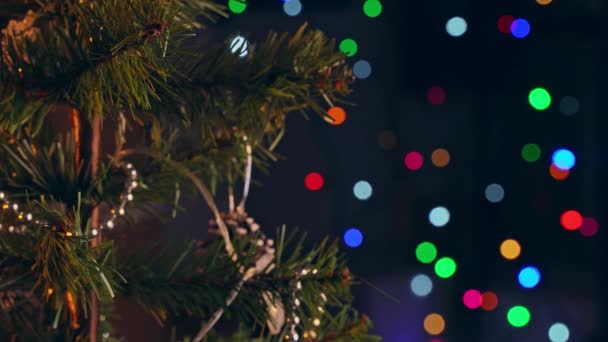Uma Menina Está Pendurado Decoração Decoração Natal Árvore Natal Close — Vídeo de Stock