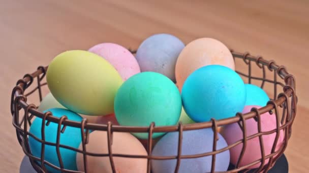 Young Woman Preparing Easter Egg Hunting Setting Decorated Colored Colorful — Stock Video