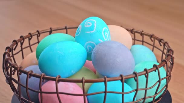 Young Woman Preparing Easter Egg Hunting Setting Decorated Colored Colorful — Stock Video