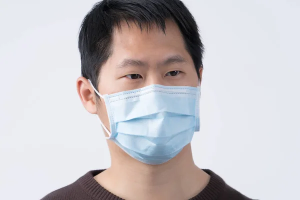 Young Asian Man Portrait Feeling Sick Wearing Surgical Blue Face — Stock Photo, Image