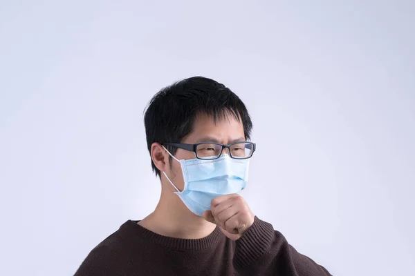 Young Asian Man Coughing Feeling Unwell Vomit Sick Wearing Medical — Stock Photo, Image