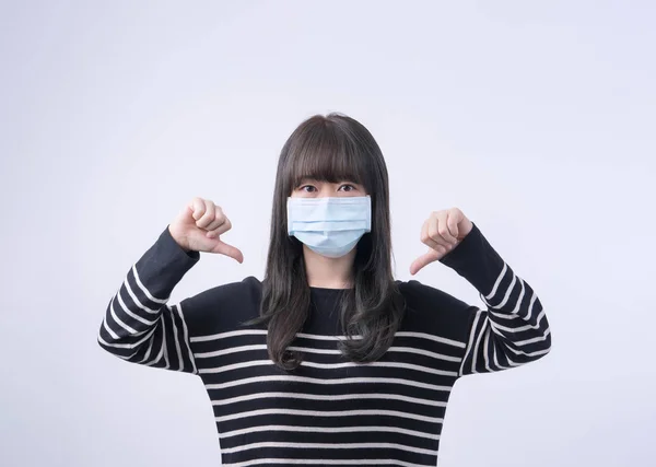 Portrait Young Asian Woman Wearing Medical Surgical Blue Face Mask — Stock Photo, Image