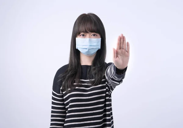 Portrait Young Asian Woman Saying Coronavirus Infection Wearing Medical Surgical — Stock Photo, Image