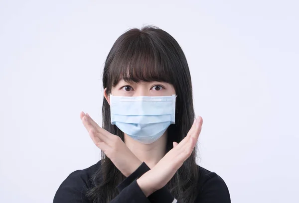 Koronavirüs Enfeksiyonuna Hayır Diyen Genç Asyalı Kadının Portresi Tıbbi Mavi — Stok fotoğraf