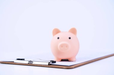 Finansal kuruluş - domuz kumbarası, beyaz arka planda güzel kırmızı beyaz ahşap ev modeli, sigorta almak için para biriktirme, kapama, yer kopyalama.