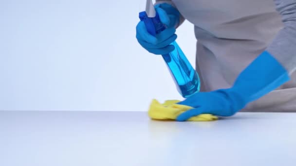 Young Woman Housekeeper Doing Cleaning White Table Apron Blue Gloves — Stock Video