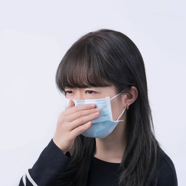 Woman Coughing Mask Young Asian Covering Mouth Feeling Unwell Wearing — Stock Photo, Image