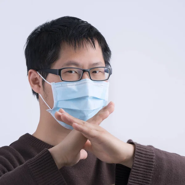 Portrait Young Asian Man Saying Coronavirus Infection Wearing Medical Surgical — Stock Photo, Image