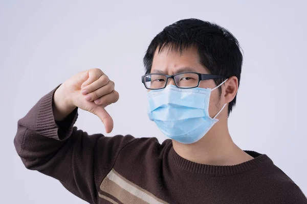 Portrait Young Asian Man Saying Coronavirus Infection Wearing Medical Surgical — Stock Photo, Image