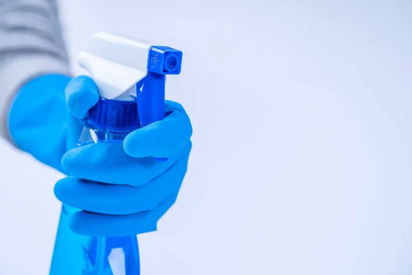 Young Woman Housekeeper Apron Doing Cleaning Blue Gloves Wet Yellow — Stock Photo, Image